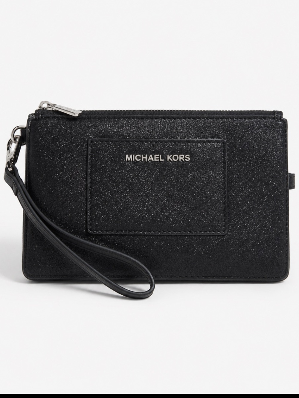 Michael Kors Sparkle Black Leather Wristlet with Silver Hardware